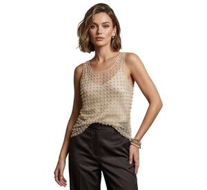 Emerson Lang Women's Ivory Nylon Beaded Tank Top EUC sz L